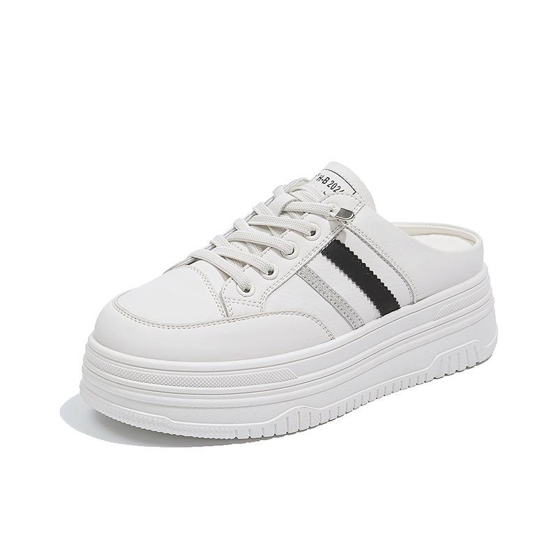 Leather Inner Height Increase Cm Women's Shoes Platform White Shoes Spring and Summer New Bag Head Half Slippers Lazy Single Shoes