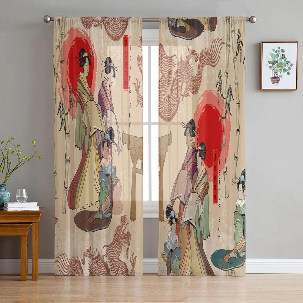 Kimono Japanese Female Geisha Curtain For Living Room Transparent Tulle Curtains Window Sheer For The Bedroom Accessories Decor