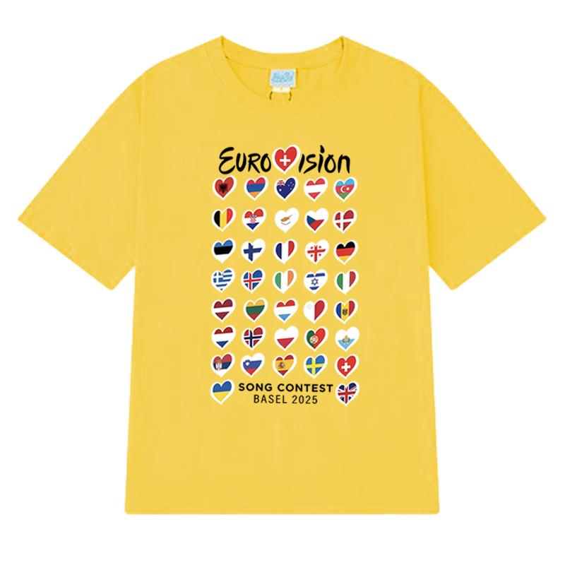 Summer Fashion Eurovision Song 2025 Flags printed T Shirt New Unisex Oversized short sleeve T-shirts Unisex 100% Cotton clothing