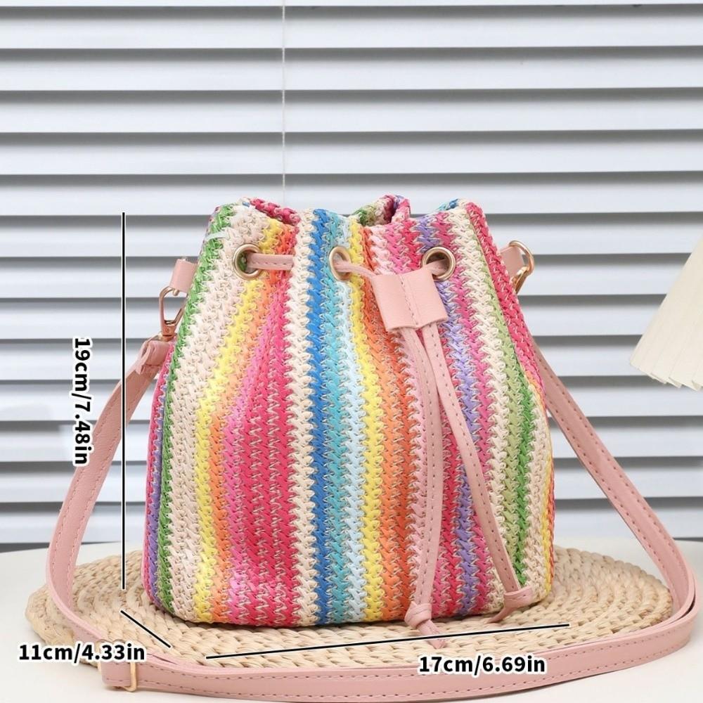 Rainbow Striped Beach Straw Bag Woven Shoulder Bag Colorful Crossbody Bag  Women