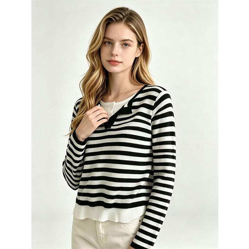 Womens Striped Knit Top Long Sleeve Slim Fit Pullover Tee With Mock Layer Design