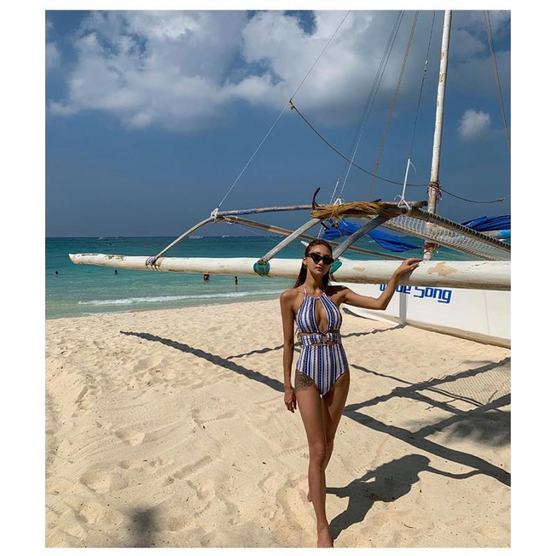Womens Striped Cutout One-Piece Swimsuit With Padded Cups Hot Swimming