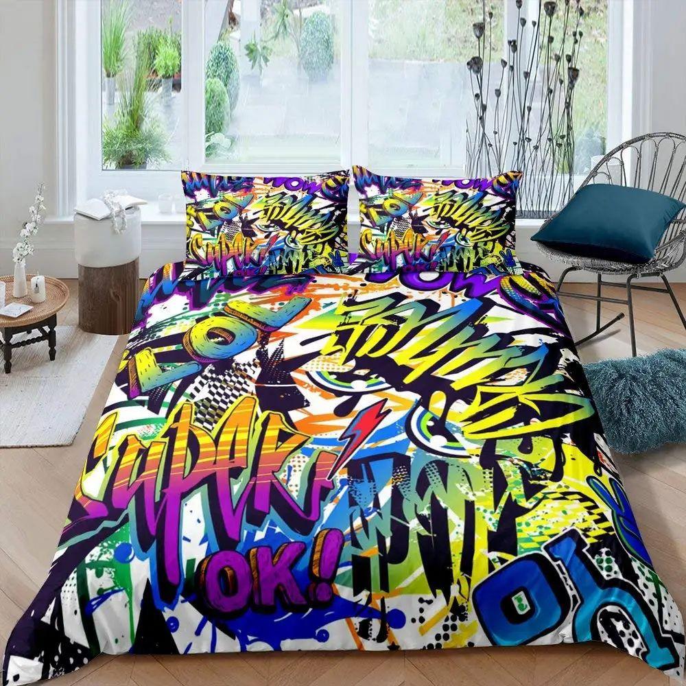 Rock Music Graffiti Duvet Set, Hip Hop Art Bedroom Supplies Quilt Set Three-Piece Set