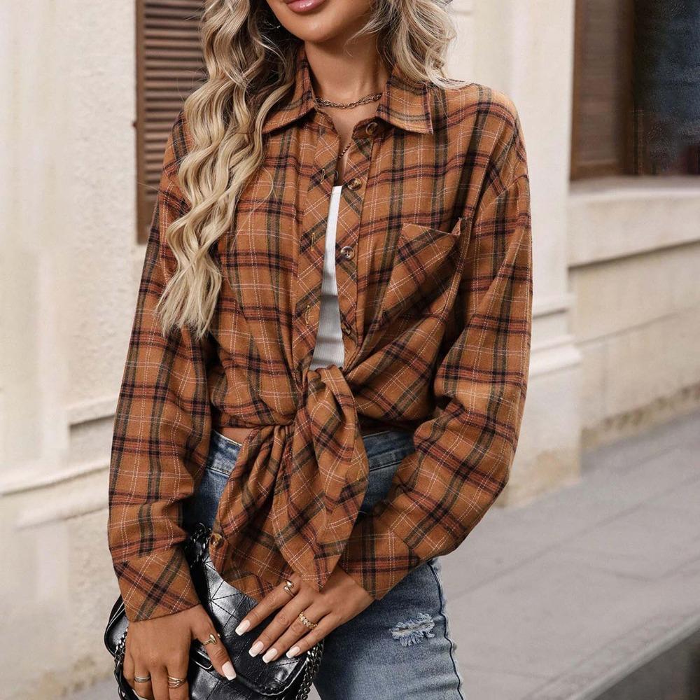 Women's Turn Down Collar Long Sleeve Flannel Oversized Casual Plaid Shirt Blouse