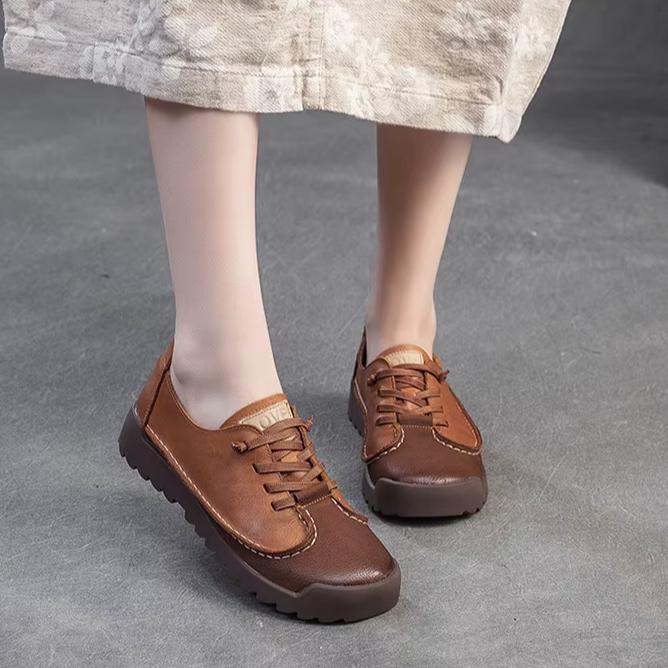 Johnature Retro Genuine Leather Flat Shoes Casual And Comfortable Soft Soled Commuting Women's Shoes