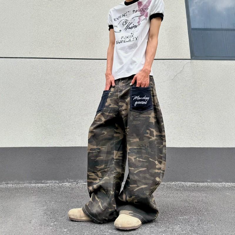 Herren lockere Camouflage gewaschene Jeans mit aufgesetzter Tasche, geradem Bein, lässige Jeans