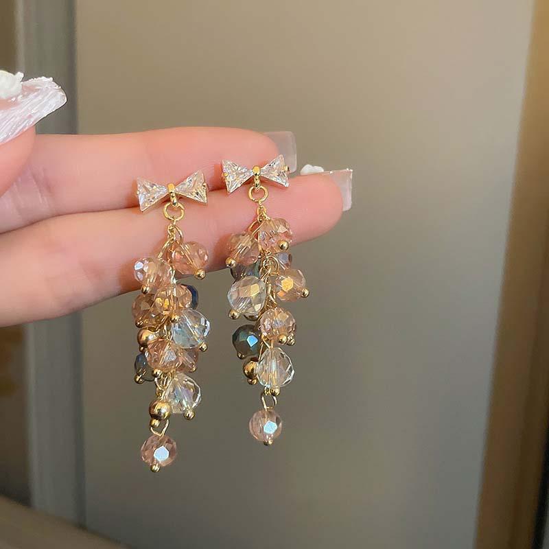 High-End Silver Needle Crystal Tassel Earrings: Diamond Inlaid Floral Retro Ethnic Style