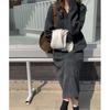 Solid Color Polo Neck Ribbed Knit Dress Autumn Winter New Style with Coat Long Length Over Knee Lazy Loose Thick Knit Sweater Dress