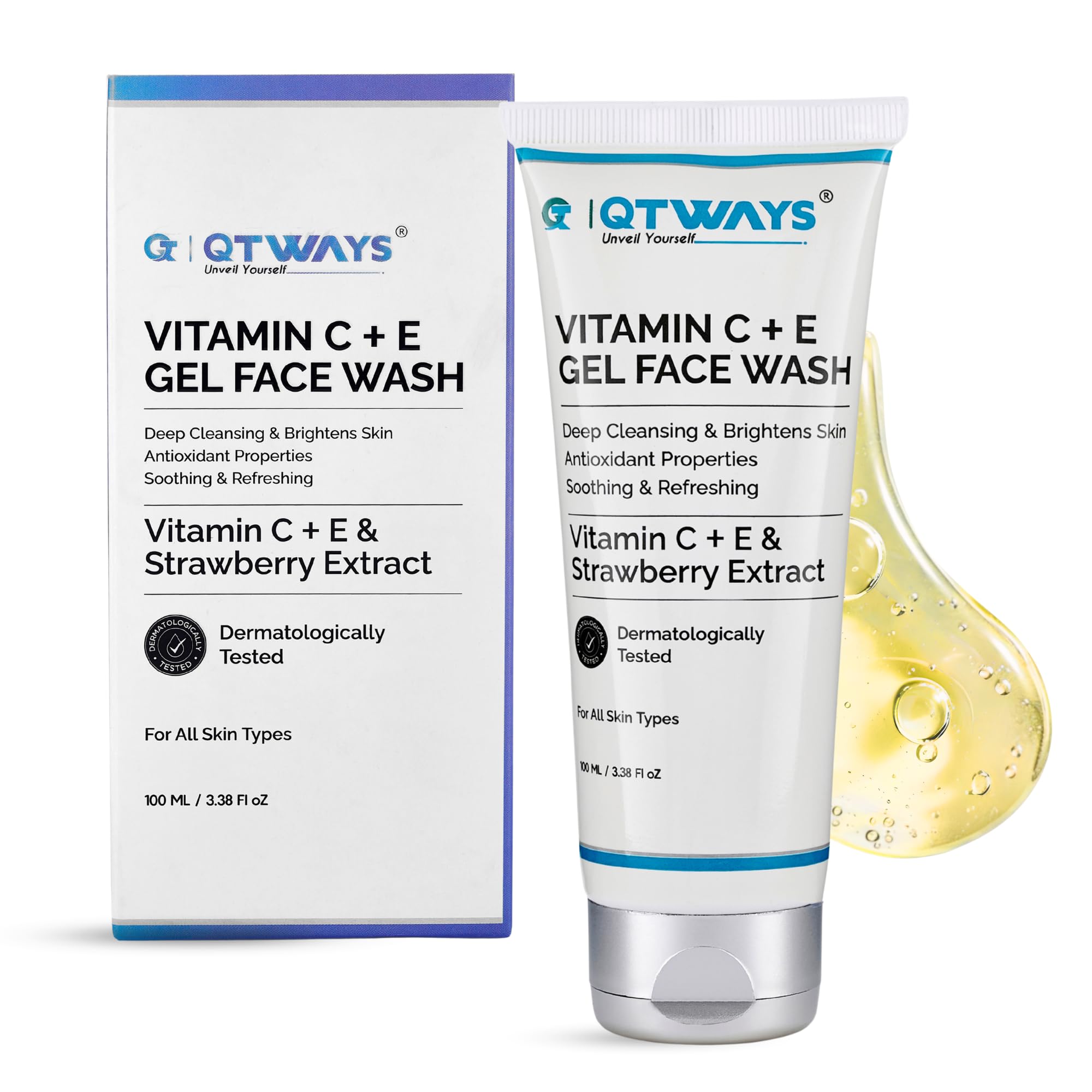 QTWAYS Vitamin C + E Gel Face Wash with Strawberry Extract & D-Panthenol (Pack of 1) -100ml | Brightening Face Cleanser | No Menthol, No SLS, No Dy