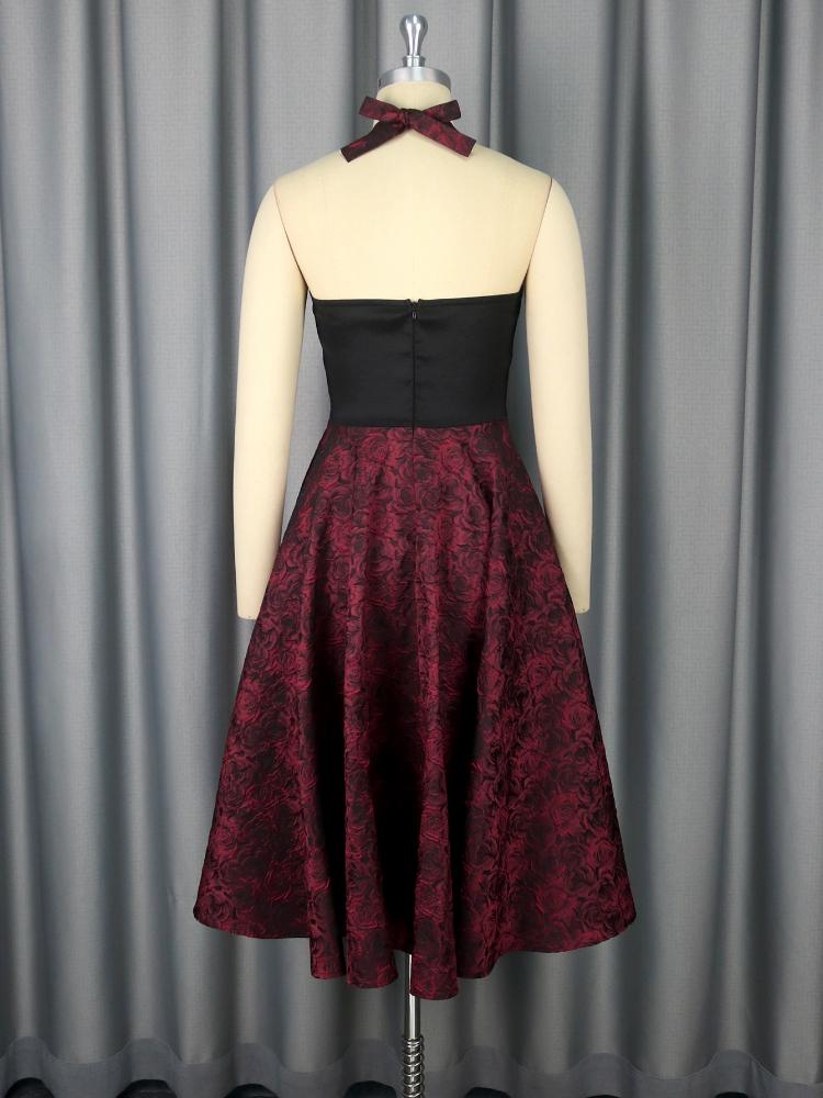Wine Jacquard Long Women Dresses for Birthday Party Folds A Line Floral Mid Calf Strapless Neck Mounted High Waist Outfits