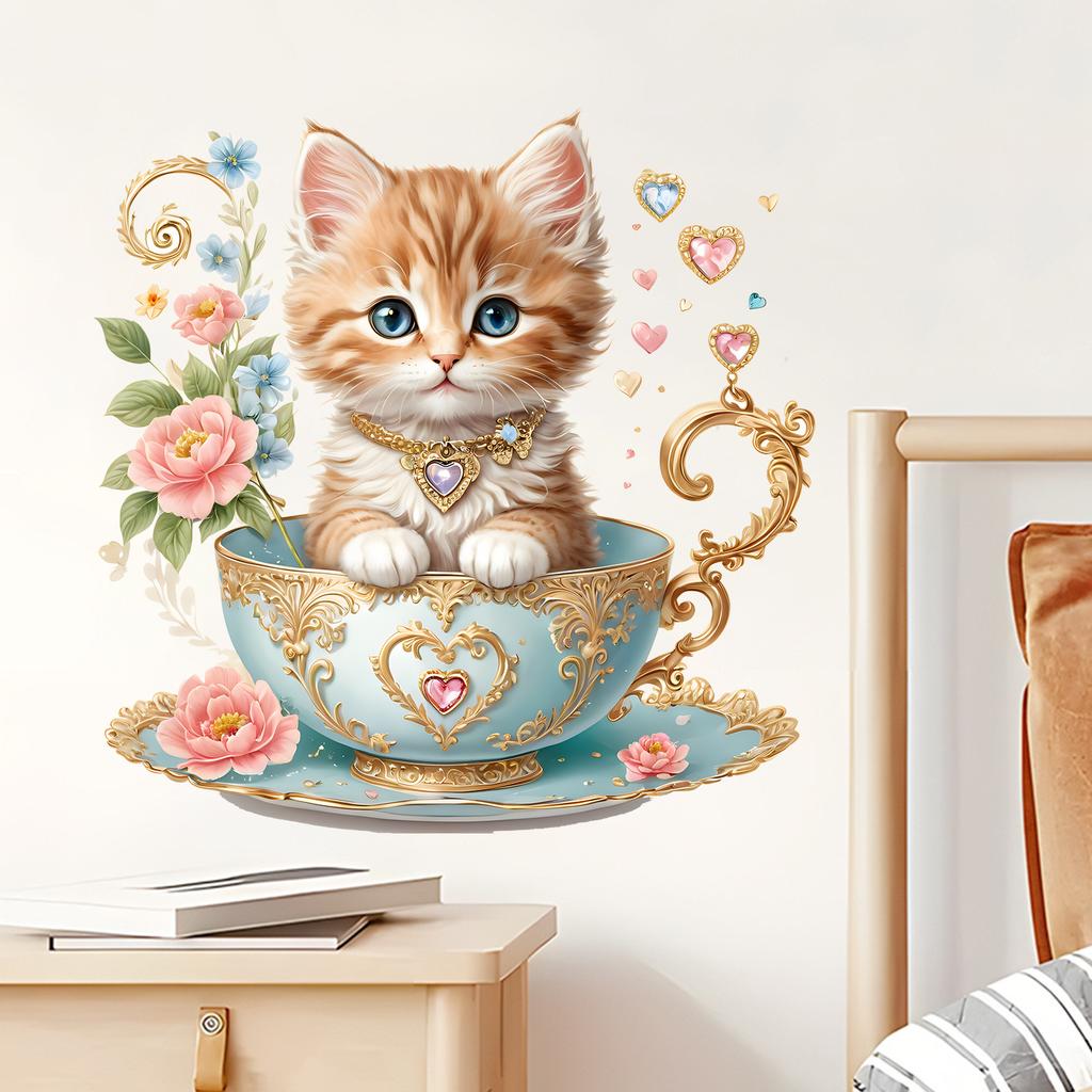Cat Tea Cup Floral Heart Wall Sticker Self-Adhesive No Glue Residue Hallway Bedroom Home Decor Art