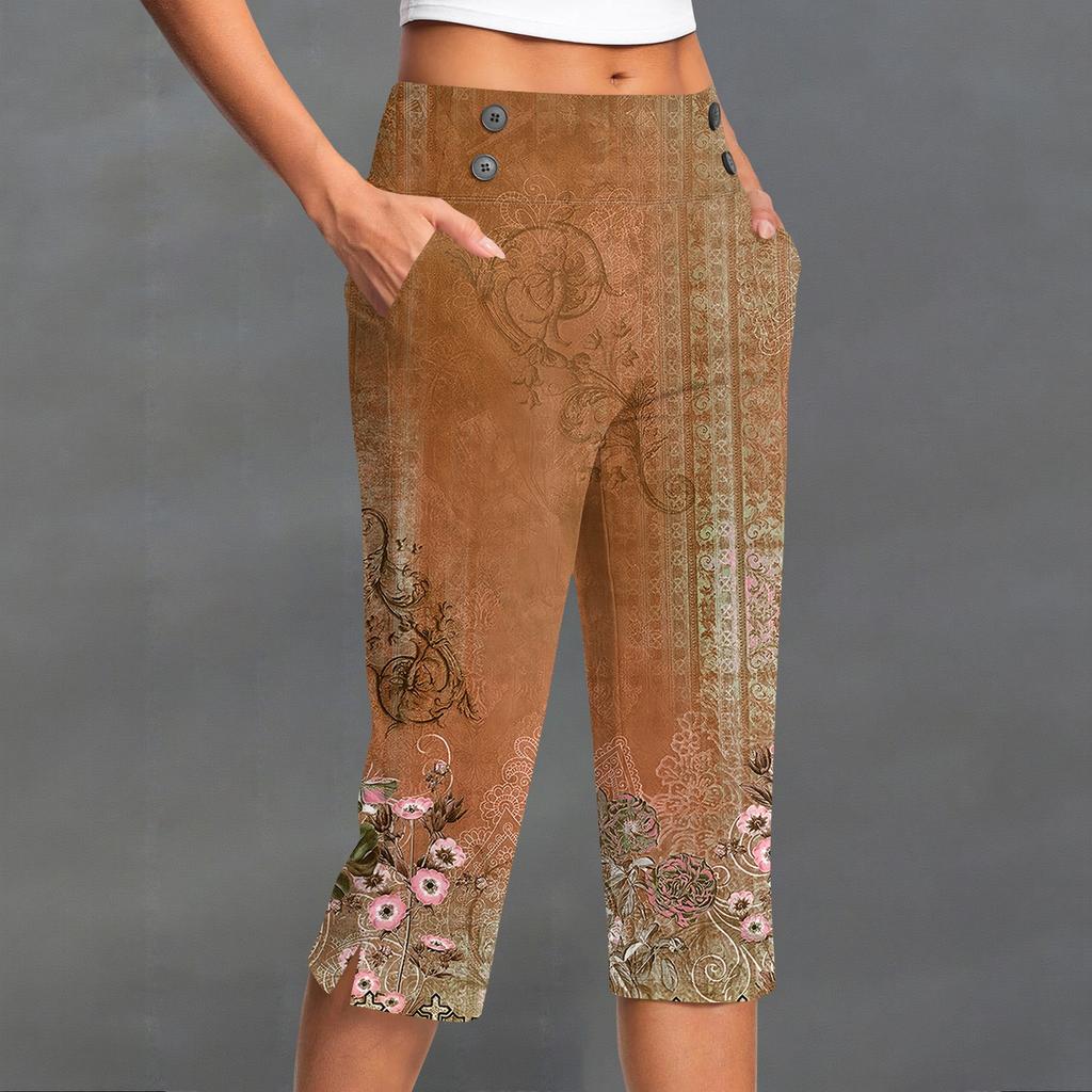 Damen Vintage Blumenmuster Knopf Tasche Hose Schlitz Hohe Taille Sport Yoga Freizeit Hose