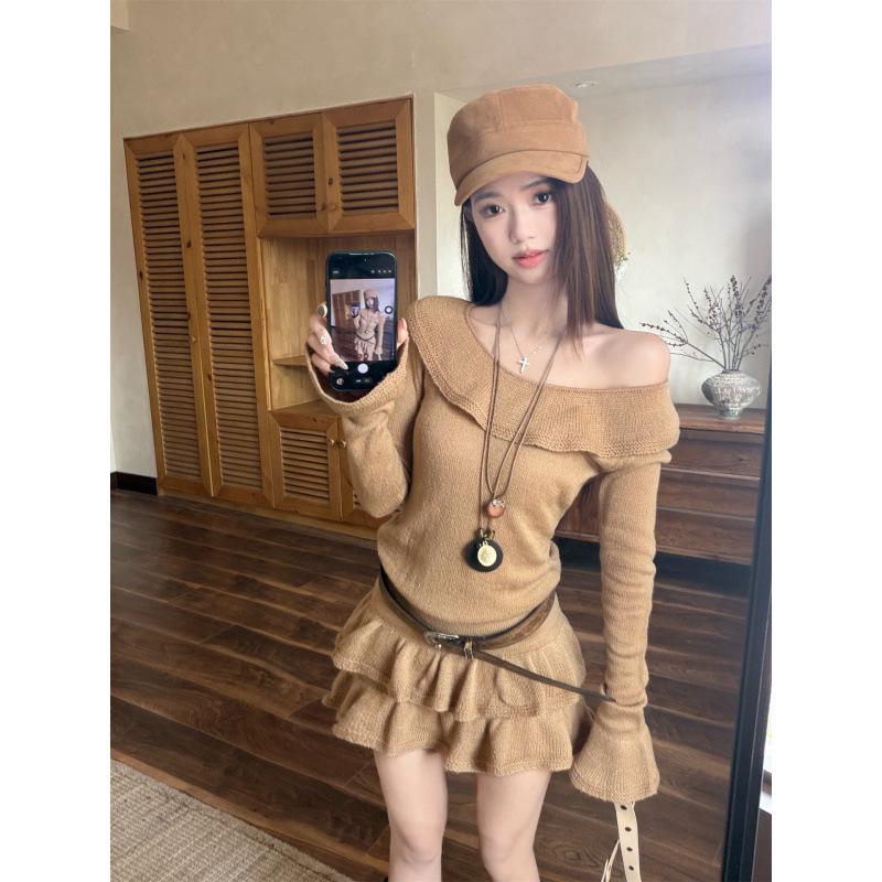 Maillard Ruffled Knit Dress with Waist-Cinching Short Cake Skirt Women Large