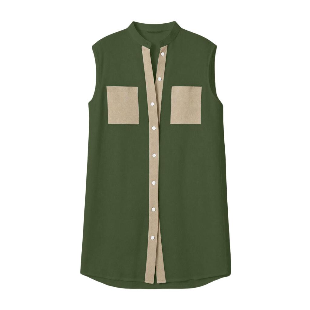 Sleeveless V Neck Shirt Dress Button Down Front Casual Loose Fit Mini Dress with Chest Pockets and Contrast Trim for Women