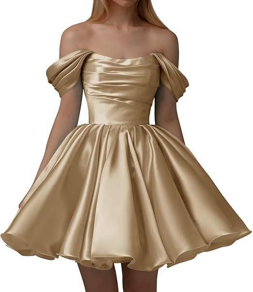 European and American one-word shoulder dress new satin short pleated dance wedding party dress daily dress
