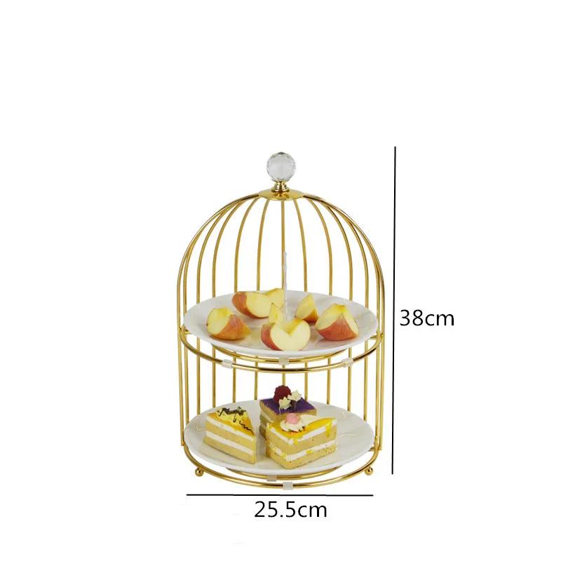 Birdcage Double Layer Cake Stand Wrought Iron Display Stand Ceramics Three-tier Fruit Tray Afternoon Tea Dessert Decorative Rack