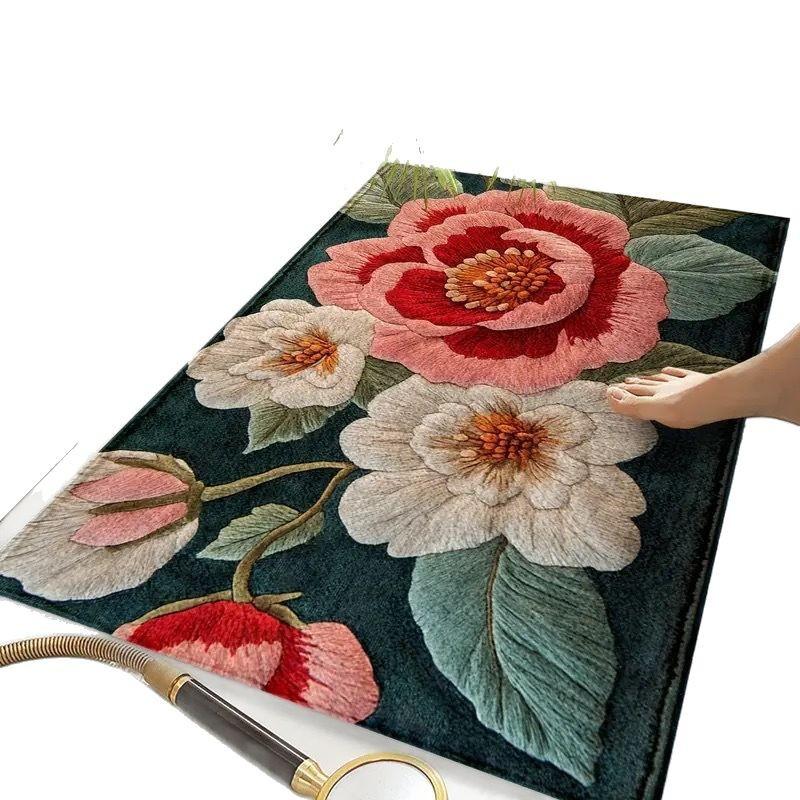 Covor 3D Floral Antiderapant Imitând Cașmir Covor de Podea, Rezistent la Murdărie și Ușor de Întreținut Covoraș pentru Ușă de Intrare și Foaier, Covoraș Absorbant pentru Baie