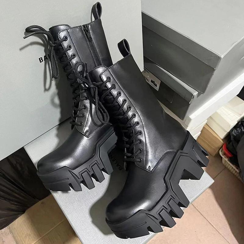 Fashion Metal Thick Bottom Mid Calf Boots Dark Rock Punk Belt Buckle Round Toe Height Increase Lace-up Zipper Fashion Women Shoes Newest