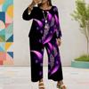 Women Plus Size Red Printed Round Neck Long Sleeve Layered Top Wide Leg Cropped Pants Two Piece Set