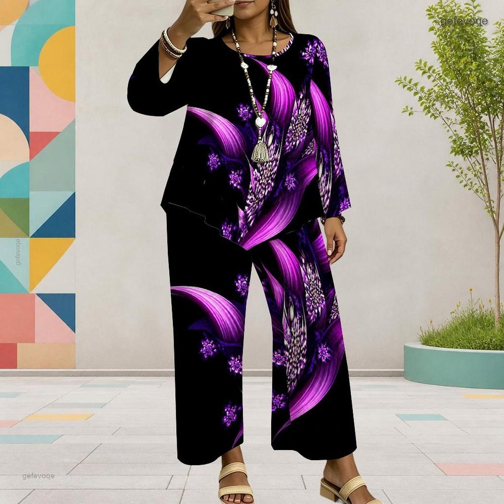 Women Plus Size Red Printed Round Neck Long Sleeve Layered Top Wide Leg Cropped Pants Two Piece Set