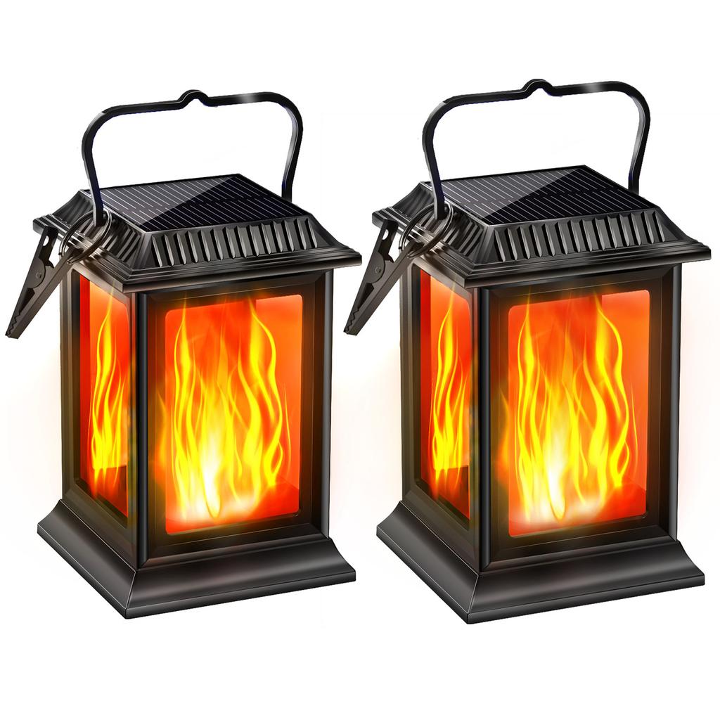 Solar Flickering Flame Lights, 2 Pack Outdoor Hanging Lights, Auto Dusk to Dawn, IP65 Rainproof Solar Lantern for Patio