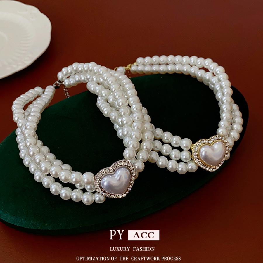 French Retro Rhinestone Pearl Heart Layered Necklace - High-End Clavicle Chain Court Style Jewelry for Women