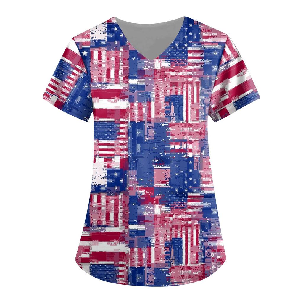 Camisa feminina de bolso de trabalho com estampa do Dia da Independência feminina manga curta com decote em V