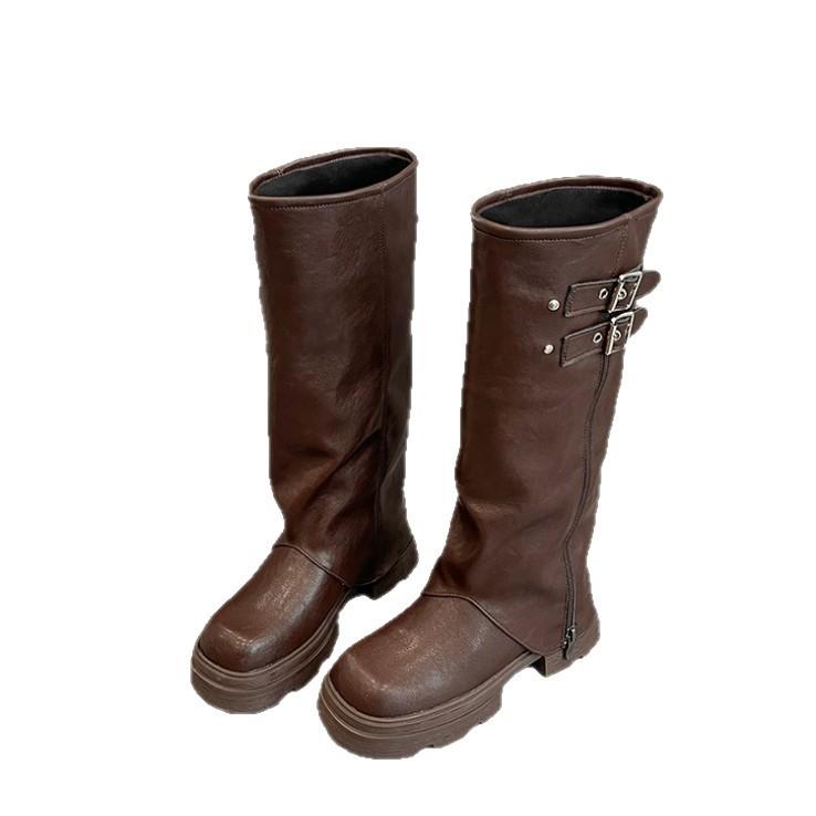 French Retro Thick-soled Knee Boots 2025 New Round Head Versatile Pleated Thick Heel Stacked Pants Tube Boots Women