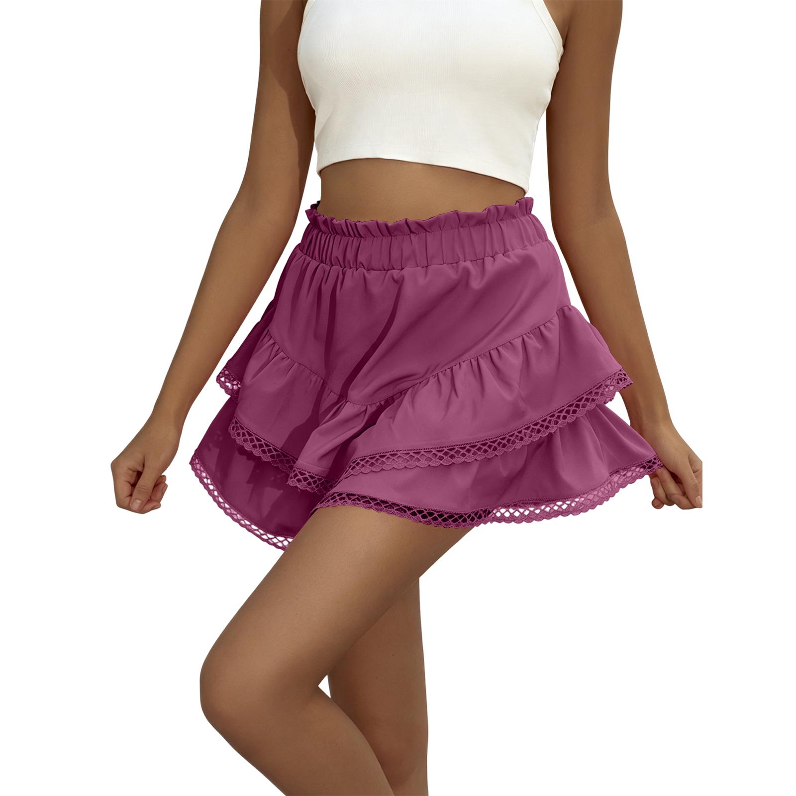 Women’s Casual Bohemian High Waist Layered Ruffle Mini Skirt Elastic Waistband A Line Tiered Pleated Short Skirt for Summer XXL
