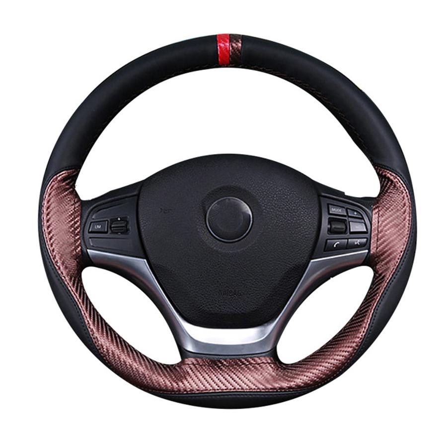 Car Steering Wheel Cover - Brown Carbon Fiber PU Leather