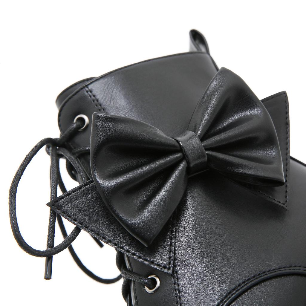 Gdgydh Modische Damen-Ankle Boots mit Schleife Schnürung Blockabsatz 14cm Plateau-Schuhe Reißverschluss seitlich Damen Kurzstiefel Süßes Cosplay