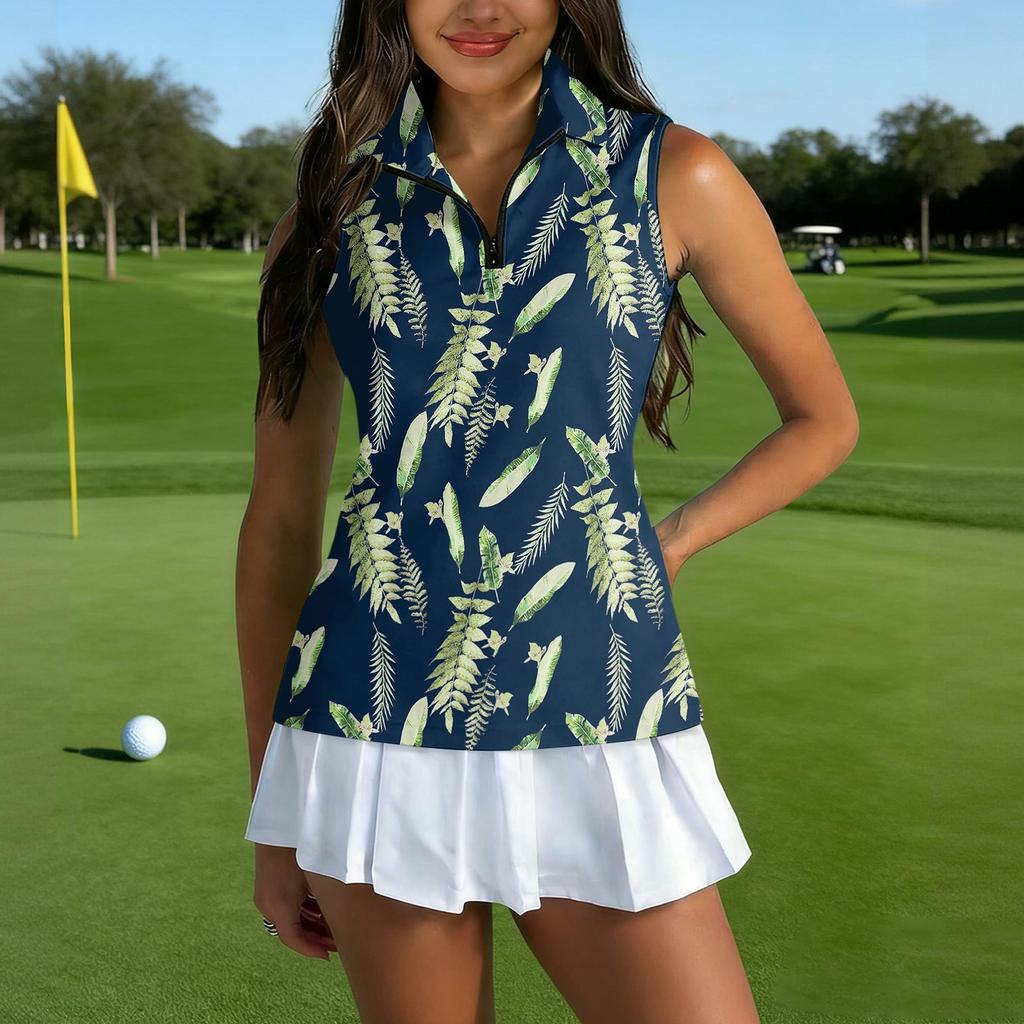 Camiseta Polo de Golf sin Mangas para Mujer con Cuello con Cremallera Estampado de Hojas Transpirable Camiseta sin Mangas Deportiva para Deportes y Actividades al Aire Libre