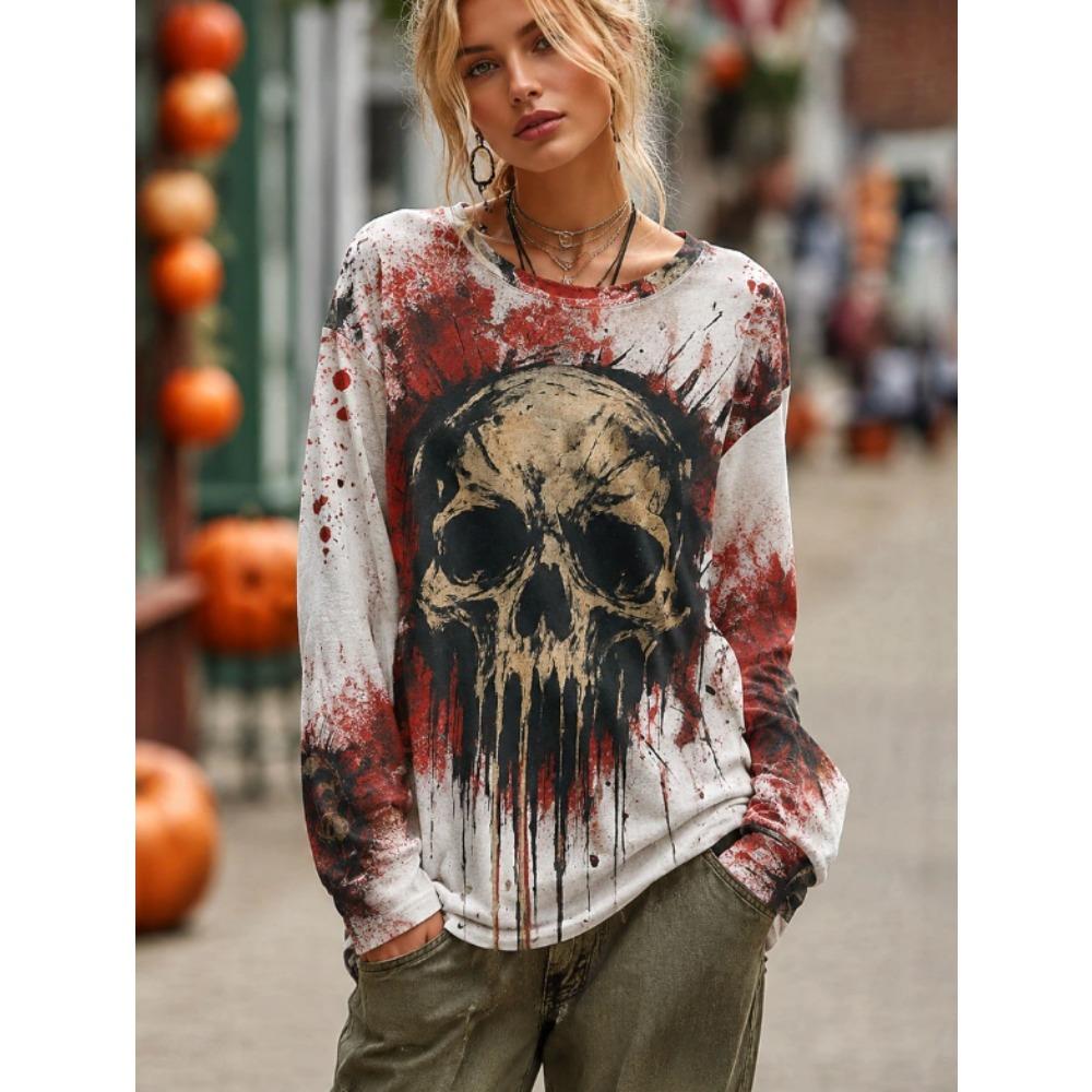 Tops for Women Skull Print Round Neck Long Sleeve T-shirt Fall Casual Slim Pullover Women's Long Sleeve Top