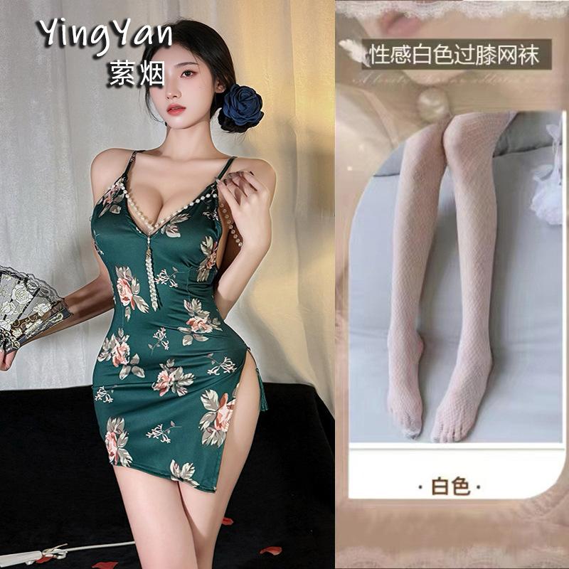 Lingyan erotic underwear sexy high waist split fork tight cheongsam of the Republic of China pure desire printing bead string cheongsam style clothing