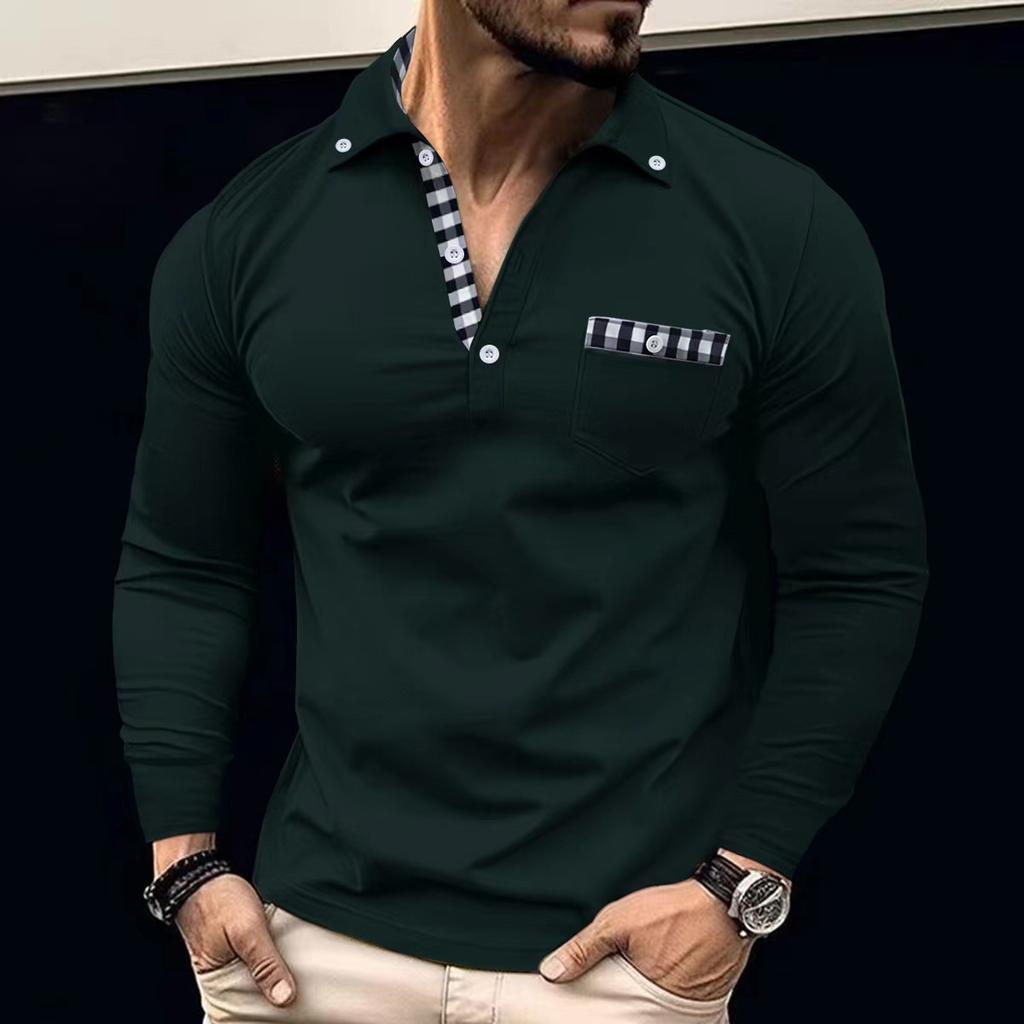 Spring and Autumn Daily Casual Top Plaid Patchwork Lapel Long-sleeved Men's Polo Shirts