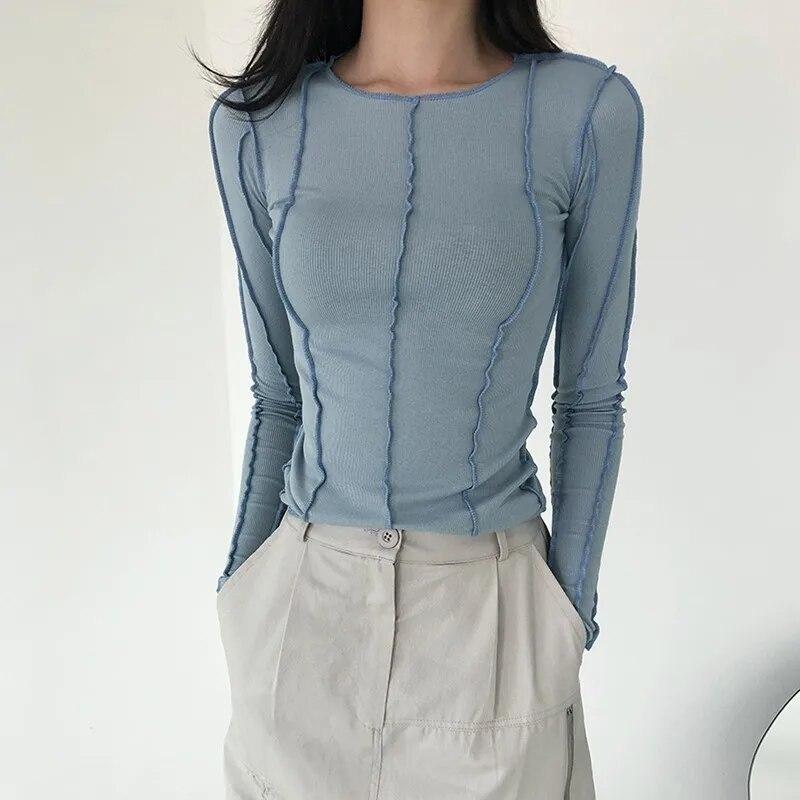 2KWEIRD Korean Fashion Ribbed T-shirts Sexy Slim Long Sleeve Tshirts Chic Streetwear Kpop Designer Clothes Solid Tight Tops Y2k