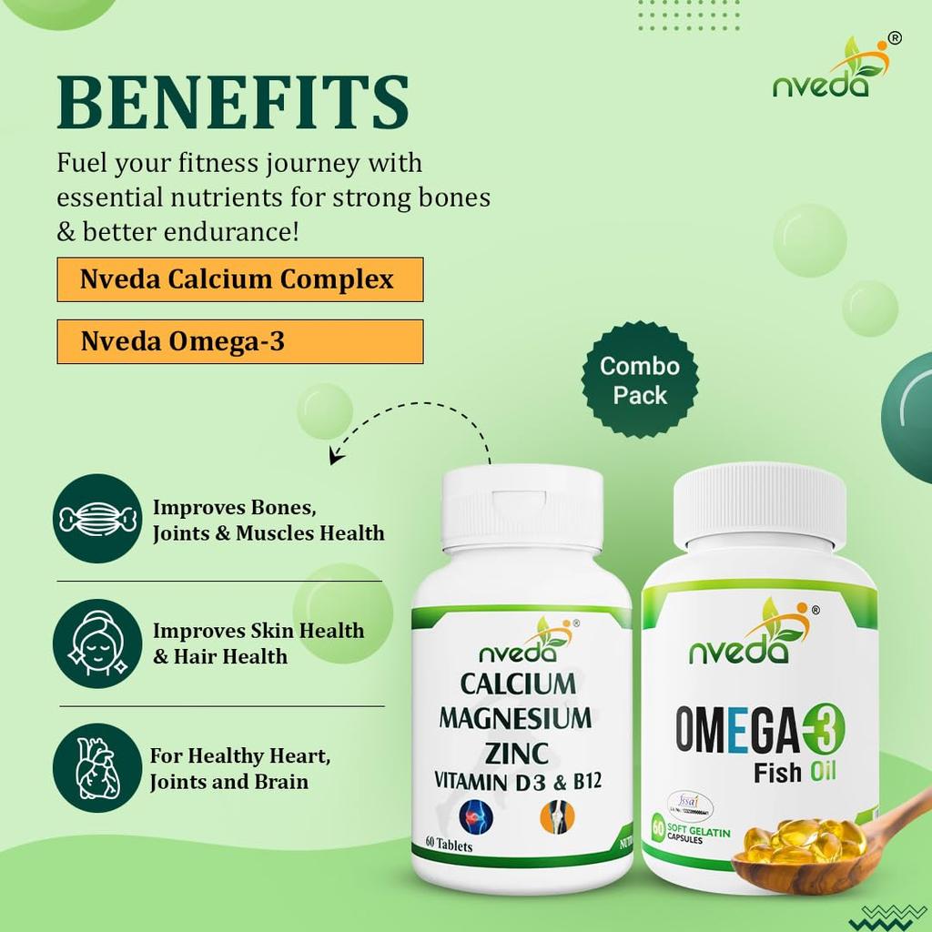 Nveda Omega 3 Fish Oil Capsules for Men & Women with Calcium Magnesium Zinc Vitamin D B12 60 Tablets Combo Pack