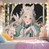 Green Hair Antique Girl And White Cat Tapestry Wall Hanging Home Decor for Bedroom Living Room Dorm Cat Anime