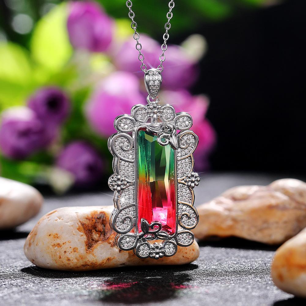 Silver Plated Rectangle Gradient CZ Pendant Necklace, Ornate Floral Frame Cable Chain Necklace for Women