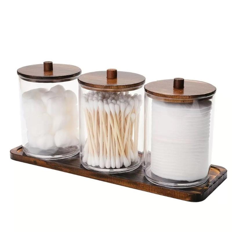 Round Cosmetic Organizers With Natural Wooden Top Transparent Bathroom Storage Container with Wooden Tray