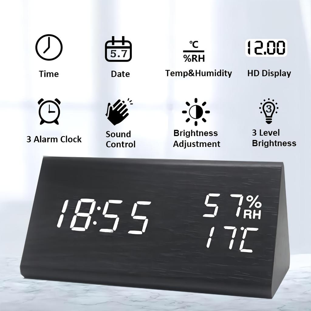 1PC Wood Grain Triangle Alarm Clock LED Bedside Alarm Clock, with Temperature and Humidity Display, Adjustable Brightness