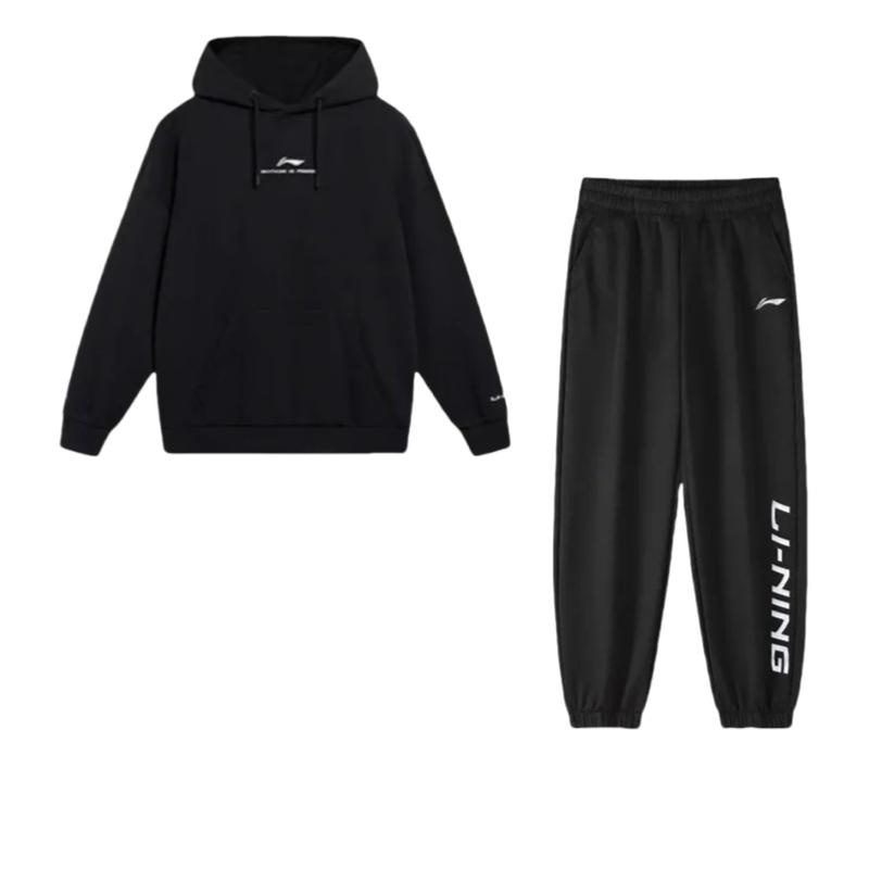 Li-Ning Letter Print Versatile Loose Pullover Hooded Long Sleeve Drop Shoulder Sweatpants Set Unisex Activewear Black AWDT597-1+AYKS589-1