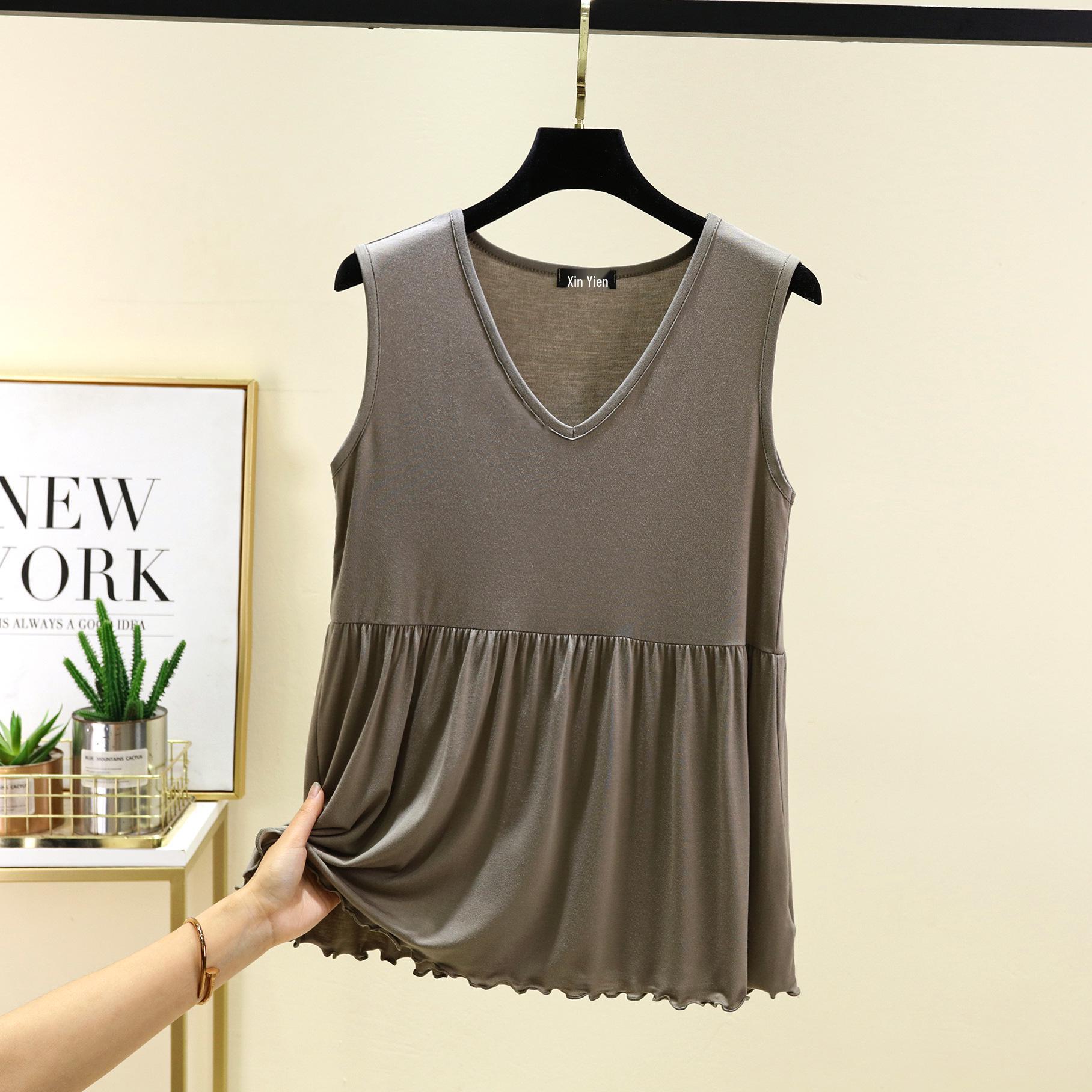 

Женская летняя модальная майка с V-образным вырезом - Большой размер, однотонная, облегающая майка XXL серый/зелёный