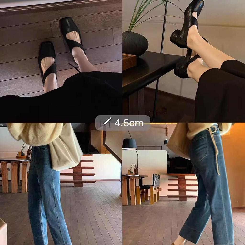 Women's Genuine Leather Ballet Flats, Autumn 2024, Square Toe, Chunky Heel, Vintage Low-Cut Mary Jane Shoes