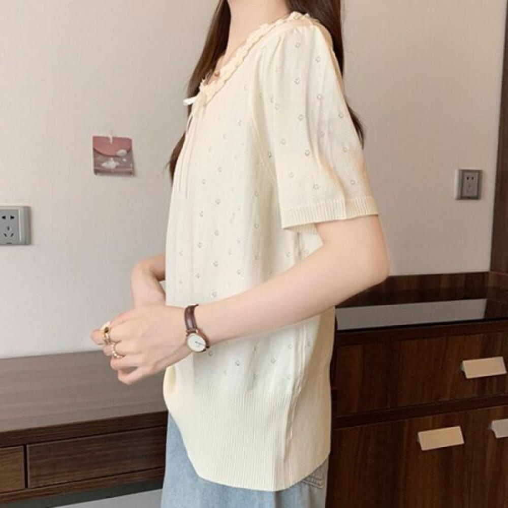 Navava Women Lovely Lace Round Neck Short Sleeve Knit Nk3076