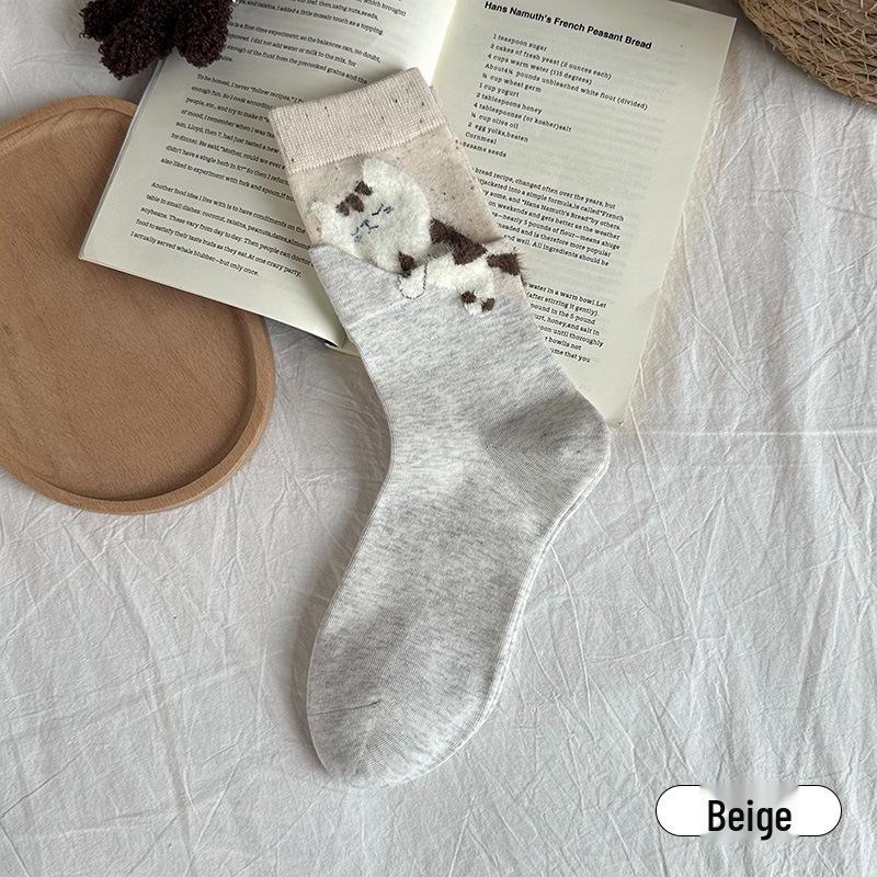 

Women s Flocked Cartoon Kitten Socks: Warm Elastic Mid-Calf Socks in Trendy Academy Style for Autumn and Winter. One Size