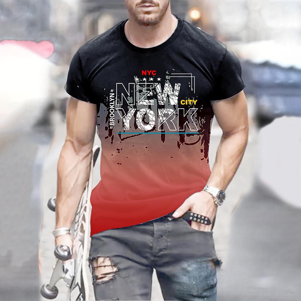 Men's T-shirt NEW YORK Alphabet Print Gradient Casual Comfy Short Sleeved Tees For Summer Oversized Men's Clothing Tops Outdoor