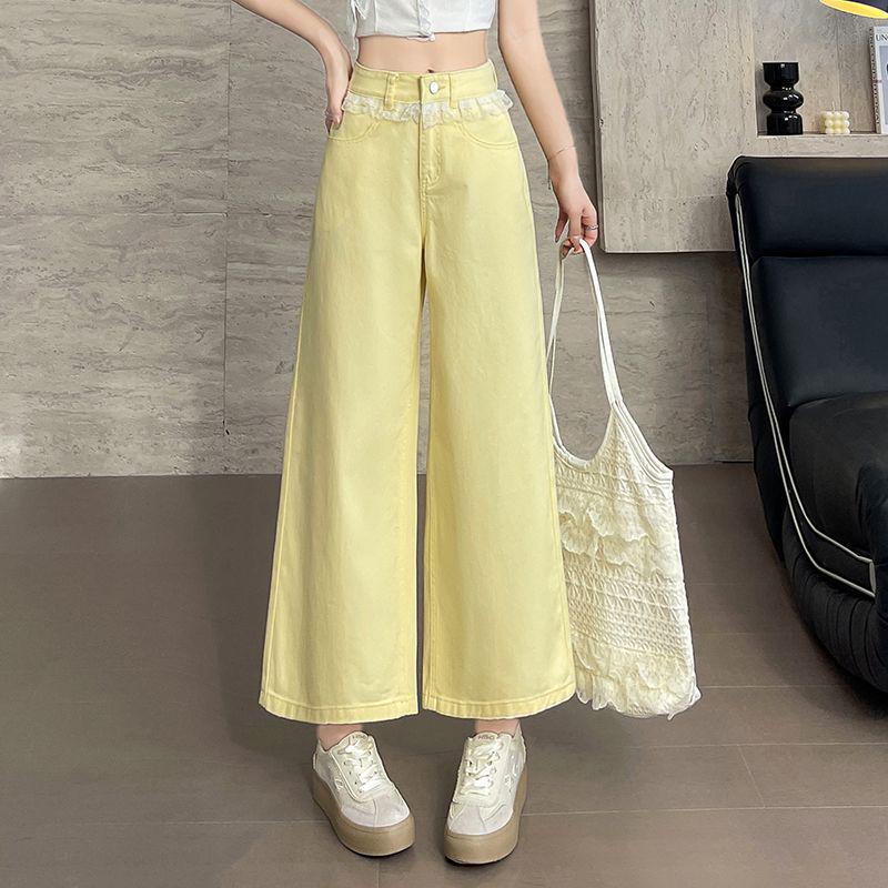 

Summer 2026 Petite High-Waist Wide-Leg Cropped Denim Jeans with Lace Detailing. XS