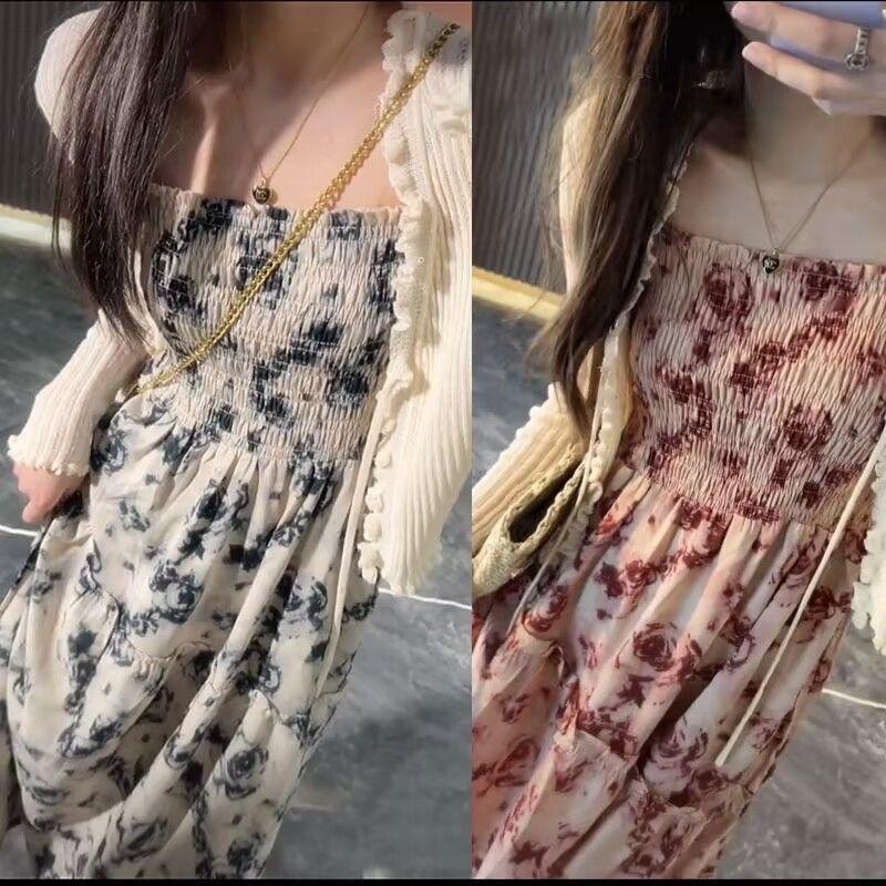 French suspender floral long A-shaped skirt women's clothing autumn new retro waist and thin temperament French dress