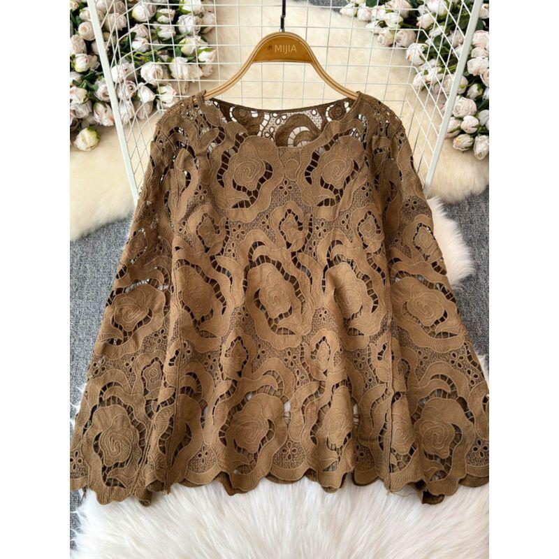 French Horn Long Sleeves Weaving Hollow Crochet Knitwear Women's Summer Wear Lazy and Loose Slimming outside Wear Sun Protective Blouse
